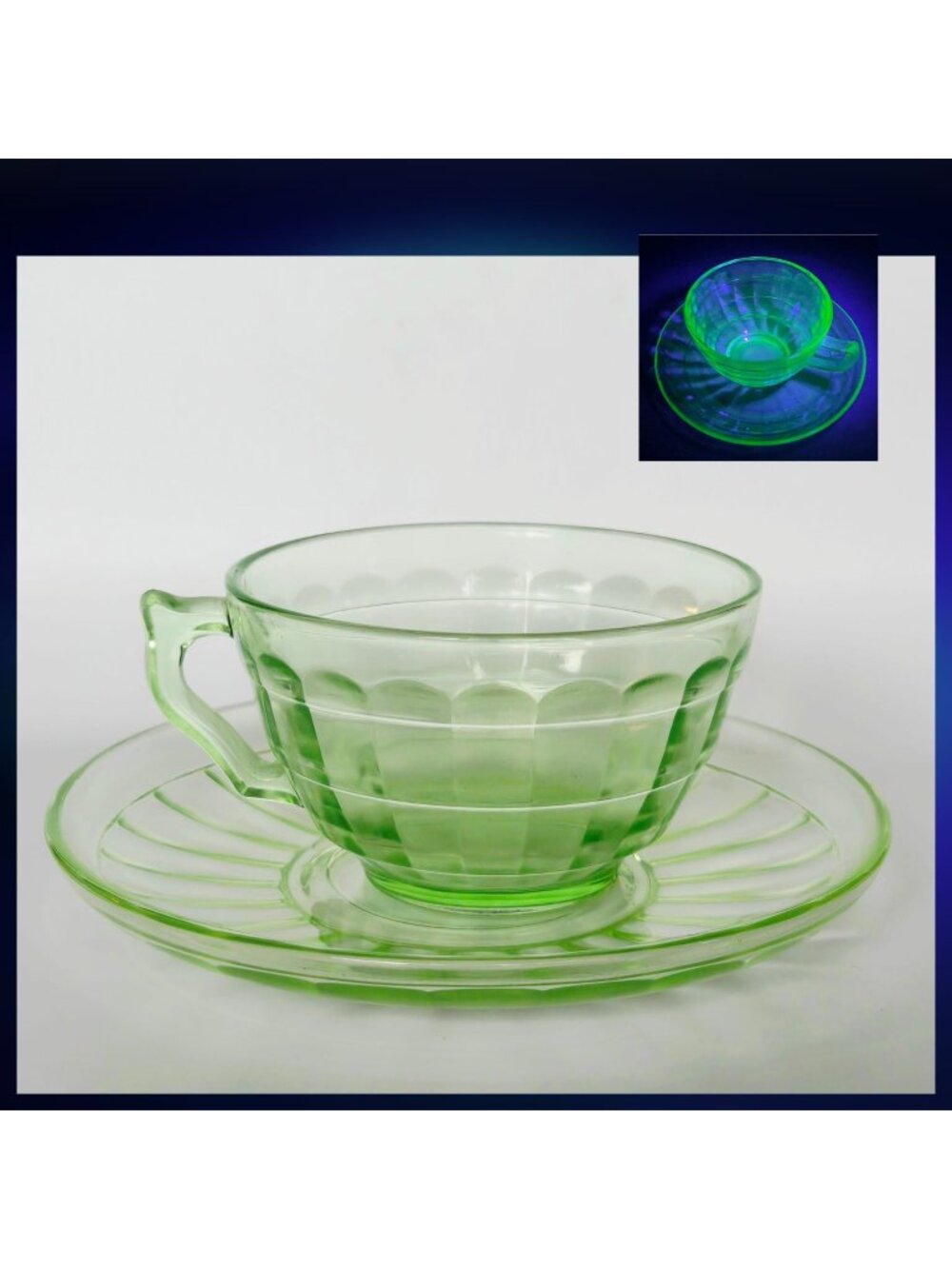 1930s Anchor Hocking Depression Glass Teacup & Saucer Set - uranium